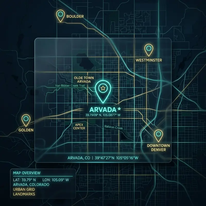 Sleek neon interactive map showing Arvada local web design service areas