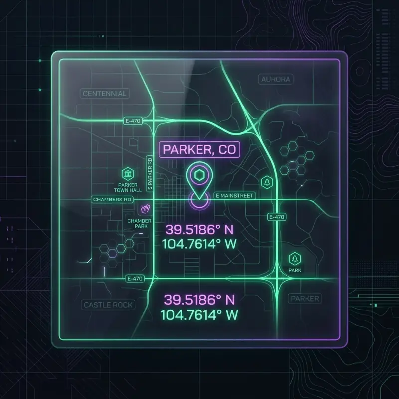 Sleek neon interactive map showing Parker local web design service areas